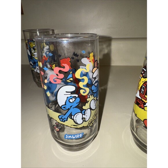 Smurf Collector Glasses Wallace Berrie PEYO 1983 Lot 4 Harmony Handy Papa Clumsy - Picture 8 of 16